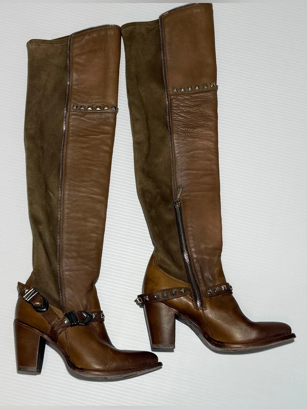 Tall Brown Leather & Suede Over-the-Knee Heeled Boots with Stud Accent